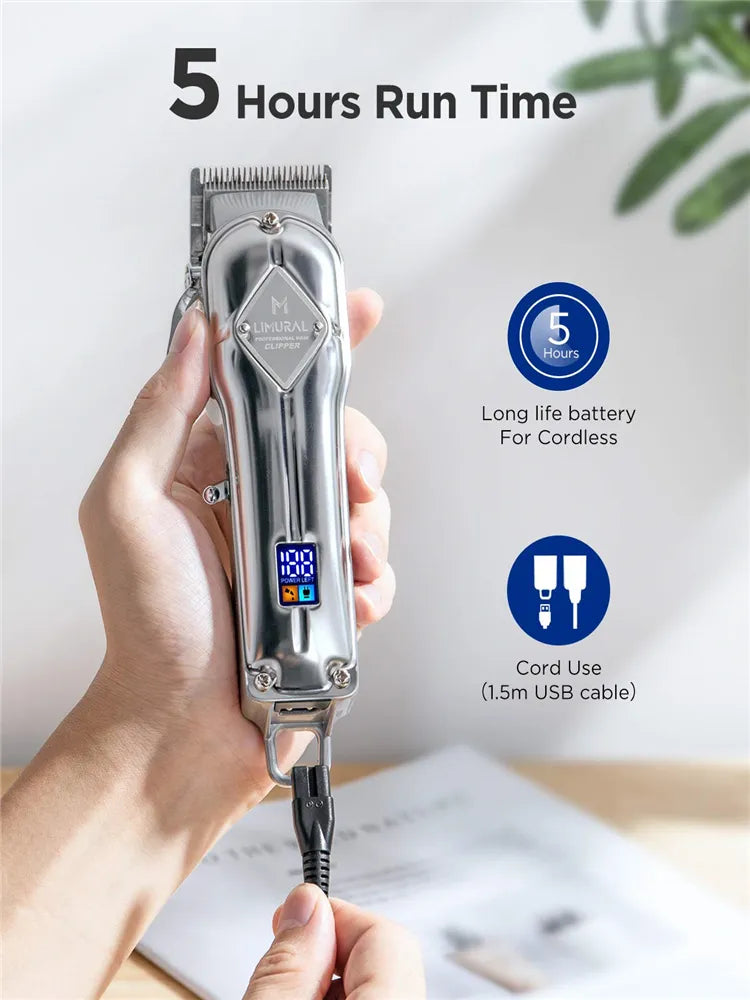 Electric Professional Cordless Barber Clippers Rechargeable Beard Trimmer LED Display Metal Case