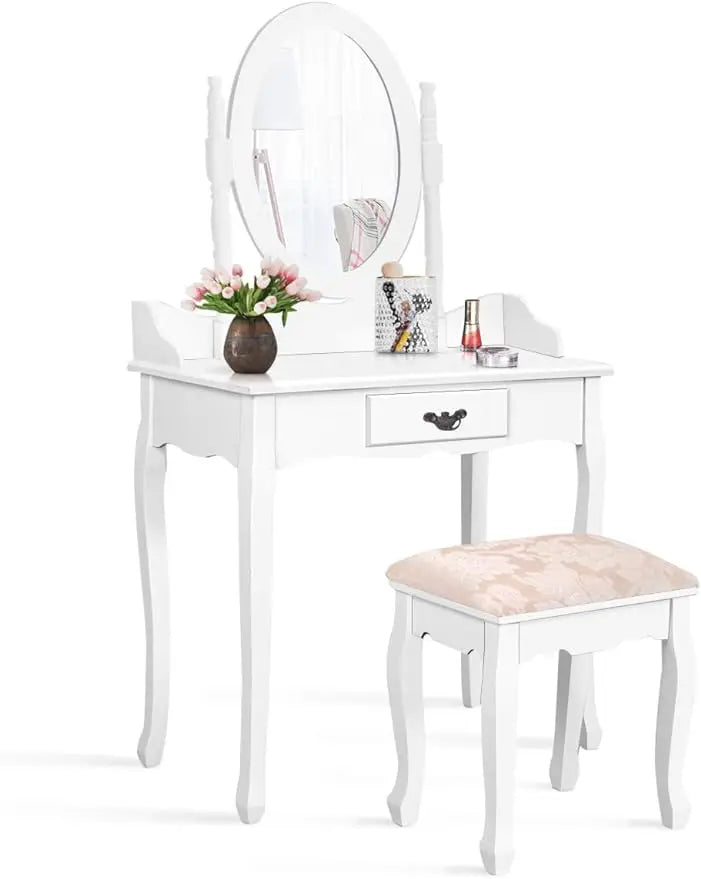 Vanity Table Set w/Mirror Cushioned Stool Set w/ 1 Drawer