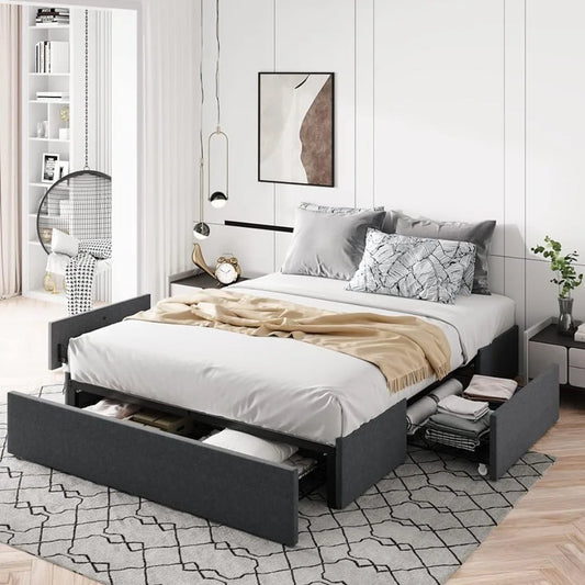 Platform Bed Frame with 3 storage drawers, fabric upholstery, wooden slatted support