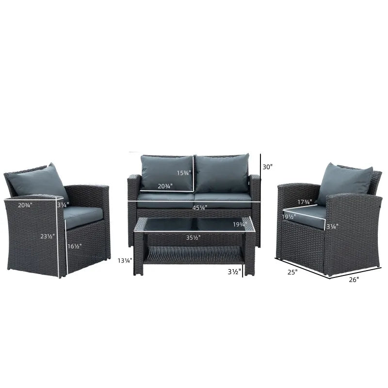 Four Set Wicker Furniture With Black Tempered Glass Coffee Table