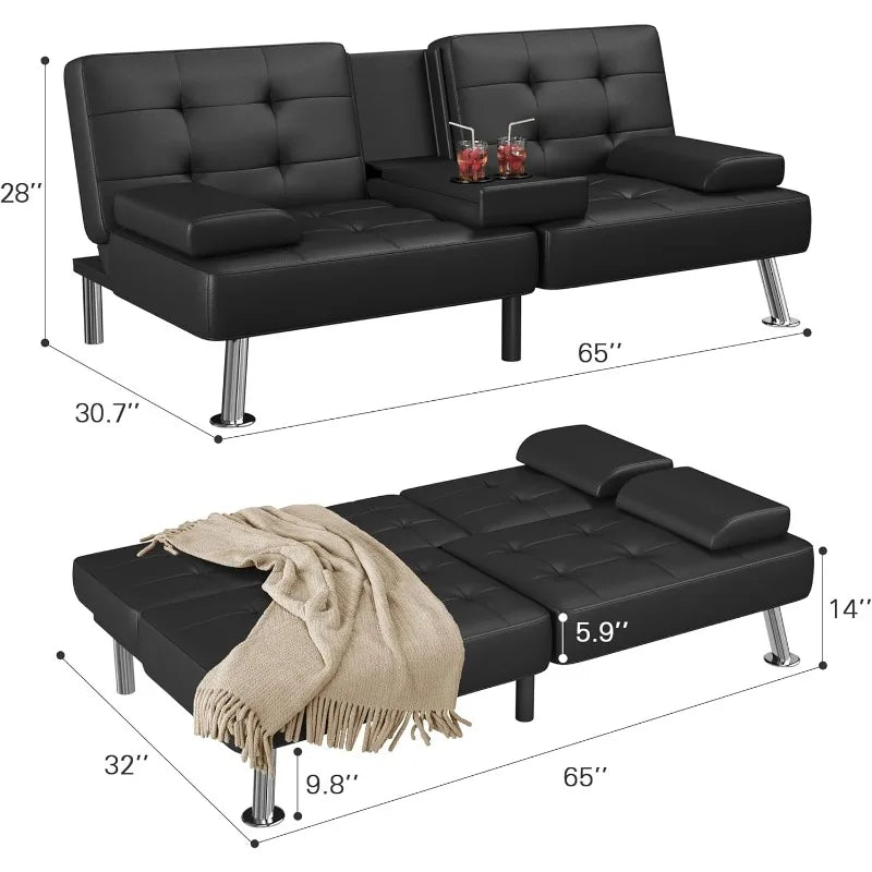 Faux Leather Upholstered Convertible Folding Futon Sofa