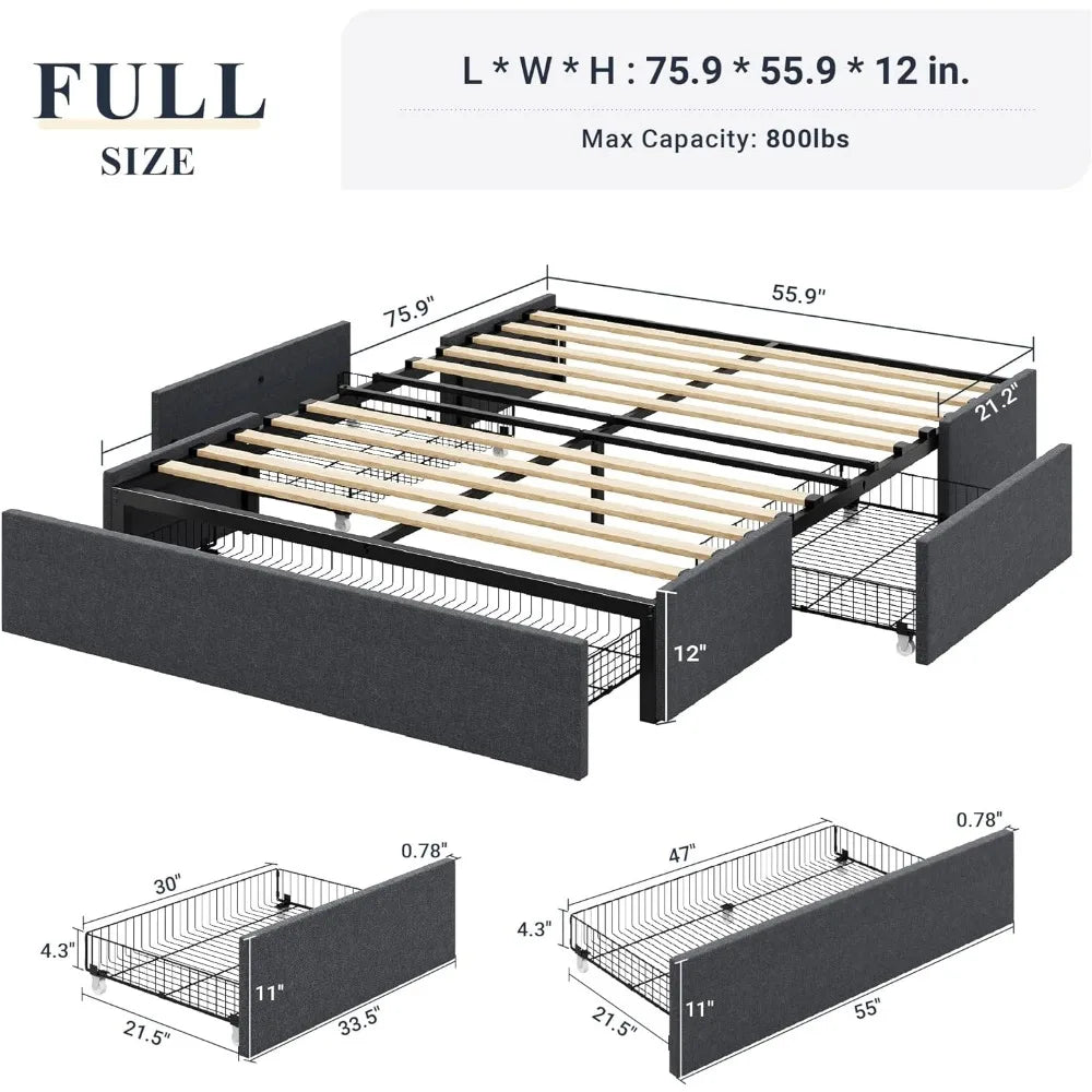 Platform Bed Frame with 3 storage drawers, fabric upholstery, wooden slatted support