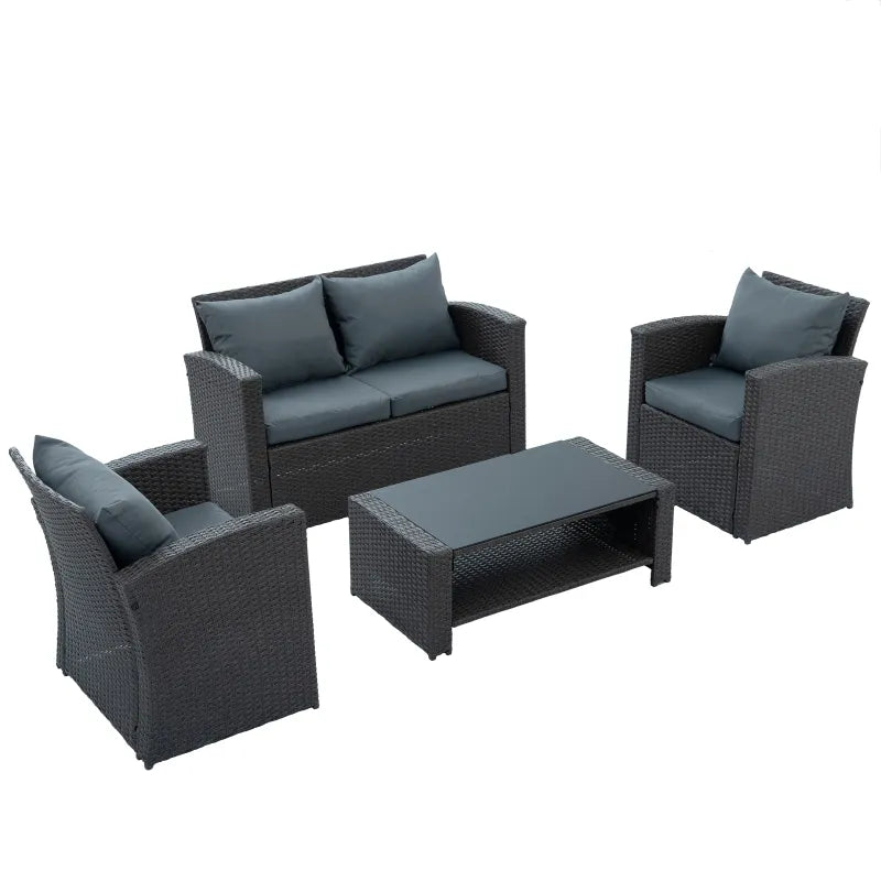 Four Set Wicker Furniture With Black Tempered Glass Coffee Table