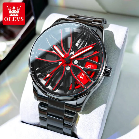 3D Hollow Rotary Dial Luminous Stainless Steel Black Wristwatch