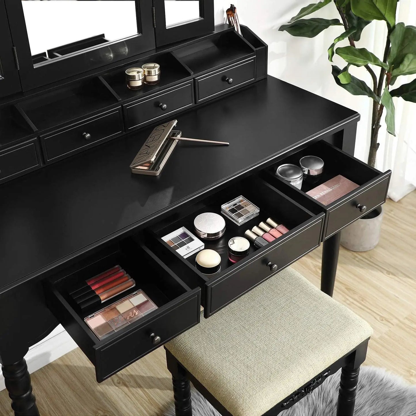 Vanity Set with 7 Drawers, 2 Brush Slots and 4 Open Compartments