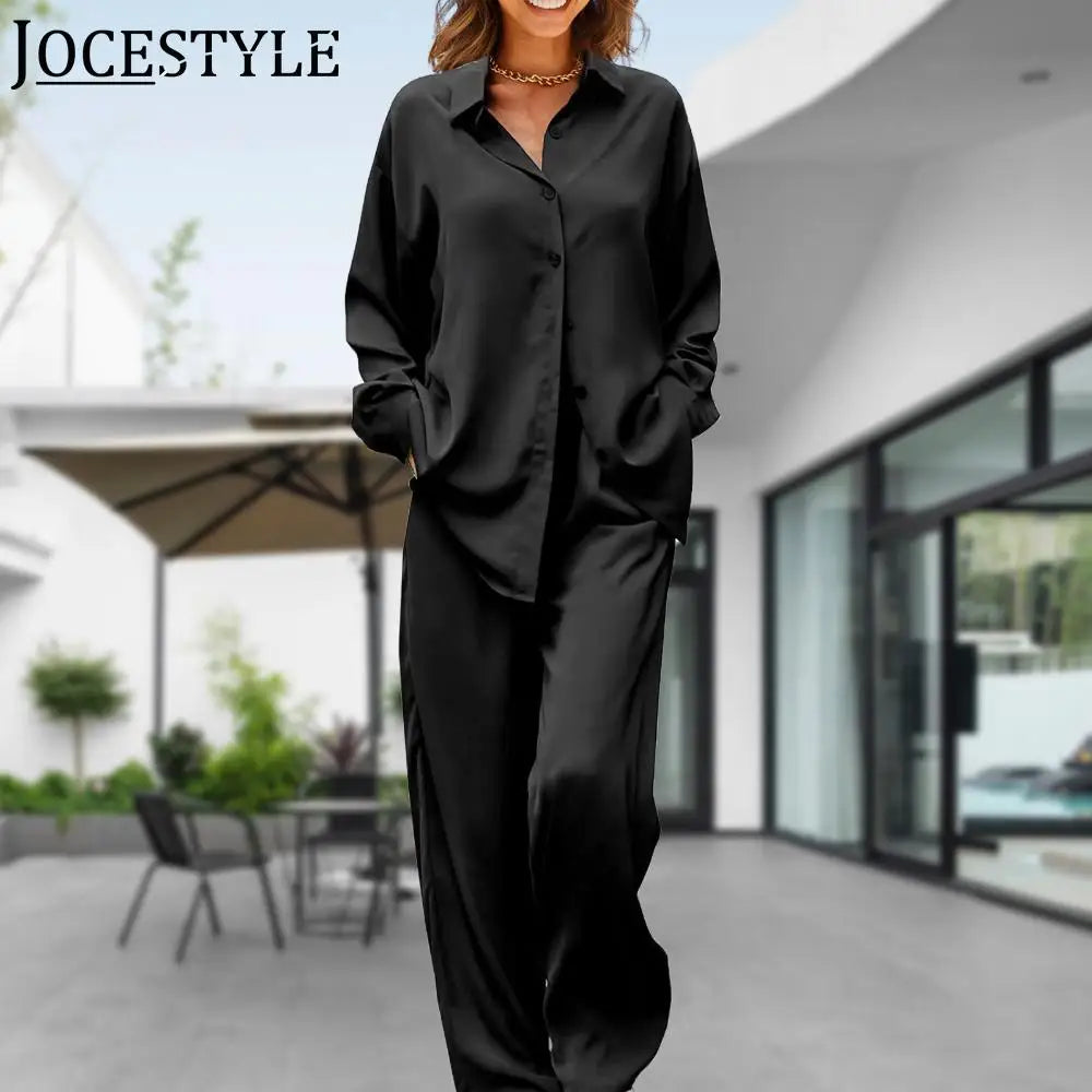 Two Pieces Set Long Sleeve Satin Button Shirt Wide Leg Pants