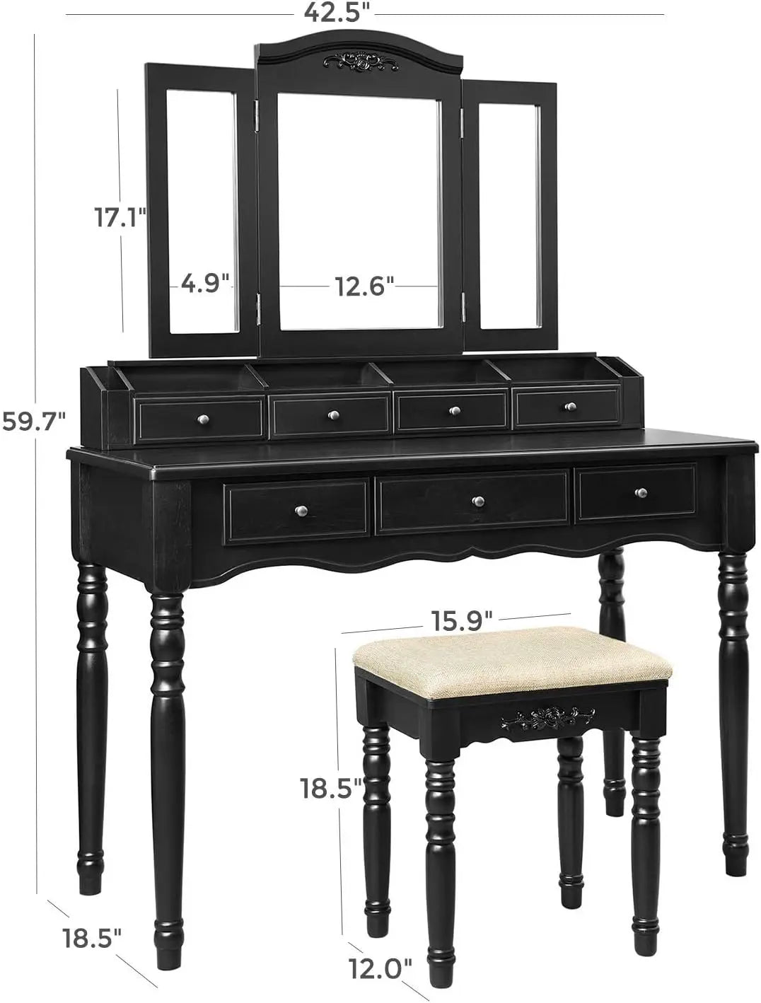 Vanity Set with 7 Drawers, 2 Brush Slots and 4 Open Compartments